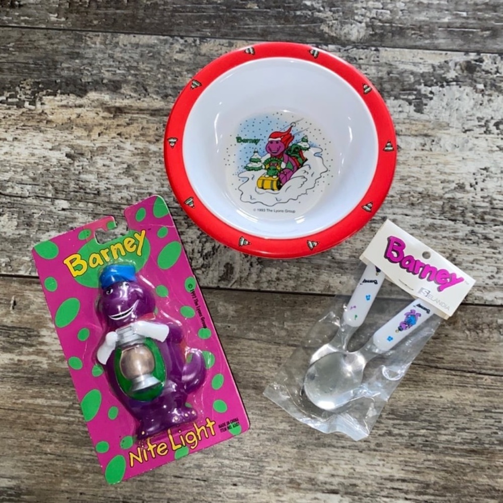 Vintage Barney Bowl, Night Light, and Spoon Set New